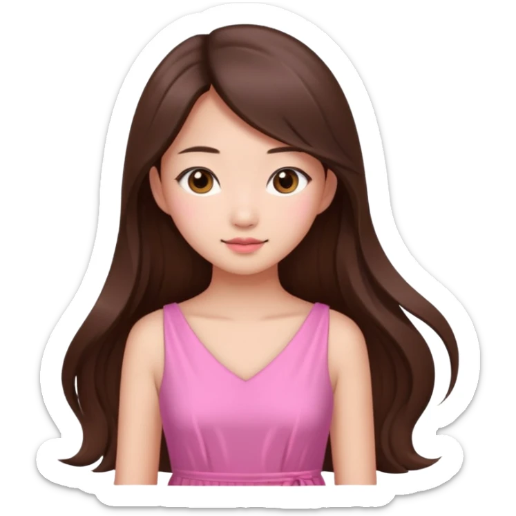 girl aesthetic emoji, asian beautiful long brown hair pink dress sticker