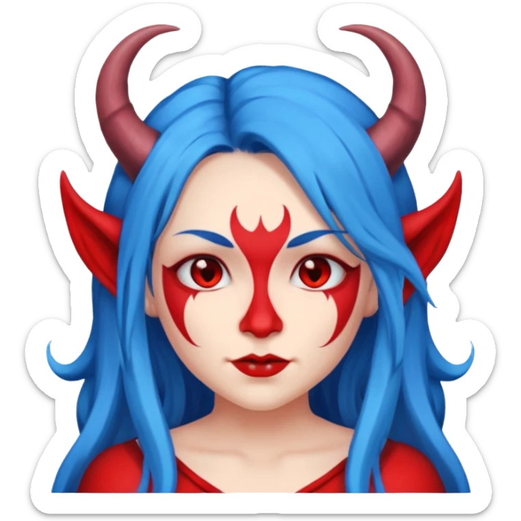 Female devil with long blue hair and horns,  cute face, half body sticker