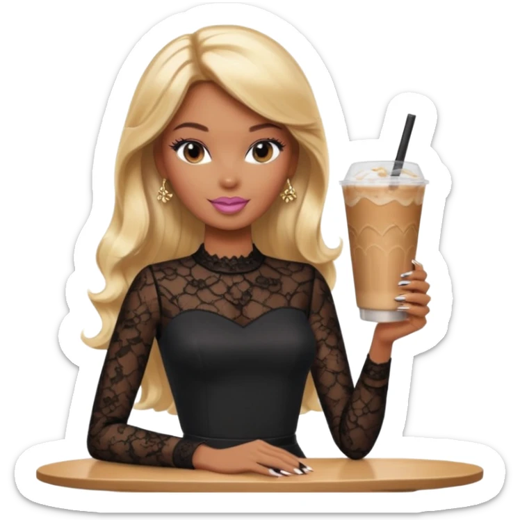brown skin blonde barbie wearing black lace shirt with iced latte with long French tip nails sticker