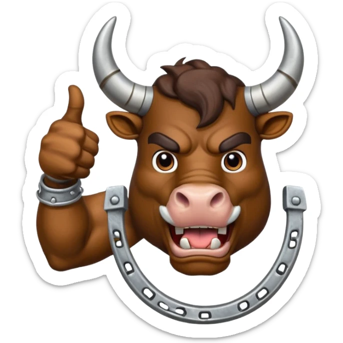 Emoji of an iron horseshoe with an angry powerful bull in the middle showing a thumbs up (Likes) sticker