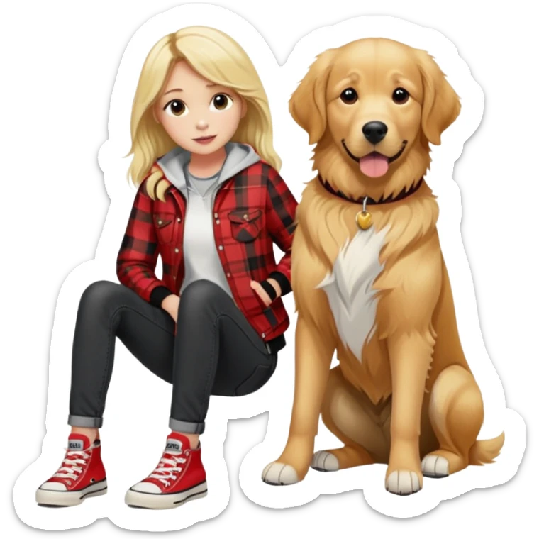 Golden retriever with blonde  girl wearing plaid red jacket and black jeans and converse shoes  sticker