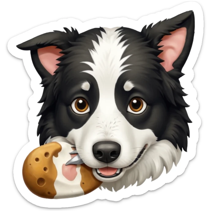 A black and white border collie is chewing on a cow's hoof. sticker