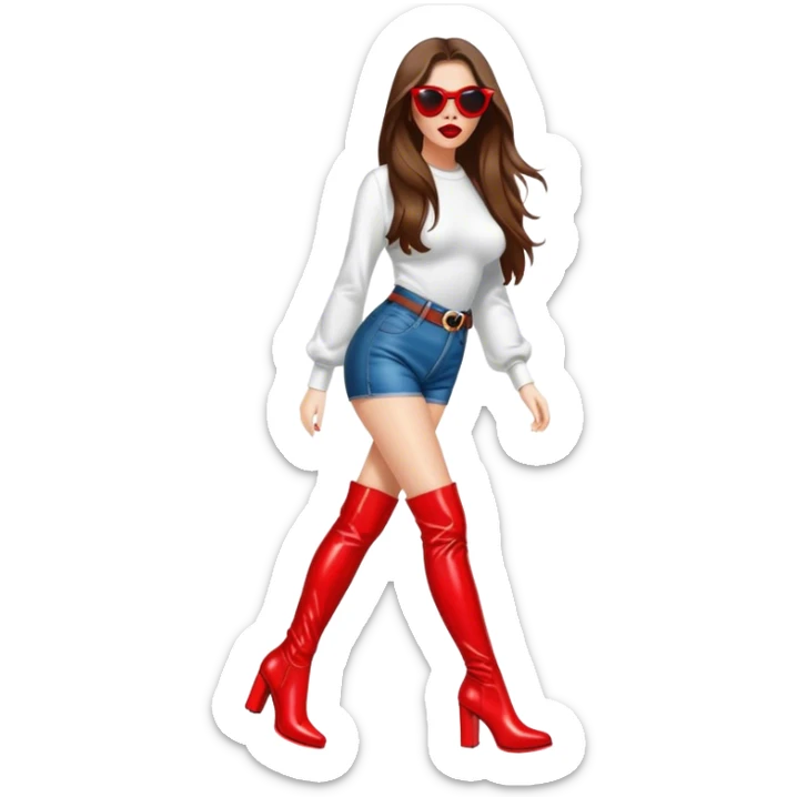 Woman with brown hair walking in thigh high red boots, wearing sunglasses and bright red lipstick  sticker