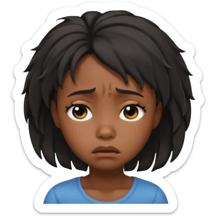 sad crying black girl with straight messy hair, iOS memoji style, visible tears, emotional expression sticker
