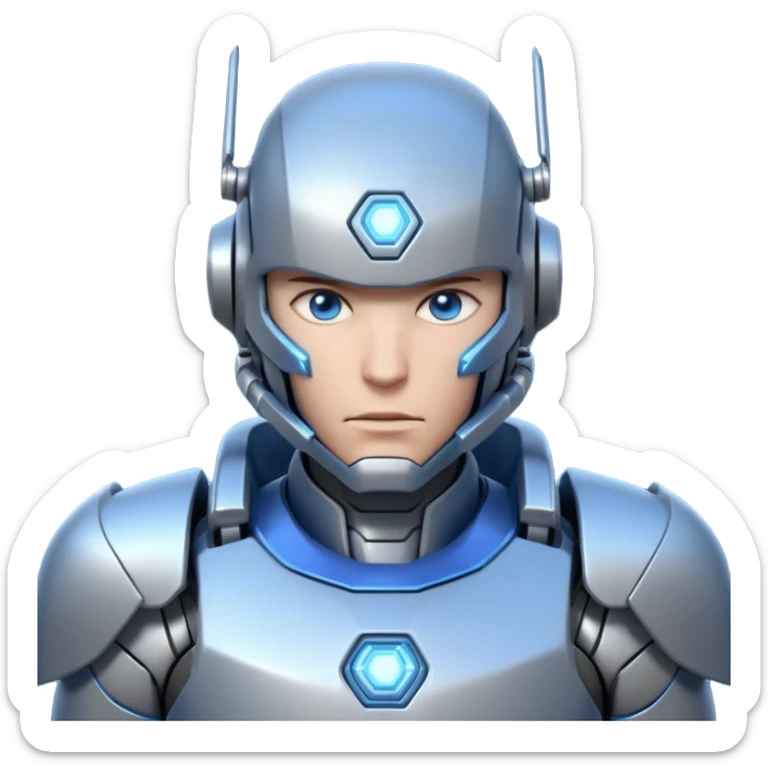 mechanical armored man portrait, head and shoulders only, futuristic metal armor, glowing energy lines, robotic shoulder plates, intense expression, sci-fi warrior vibe, 3D cartoon style, mobile game icon style, clean background, no text, no watermark
  sticker