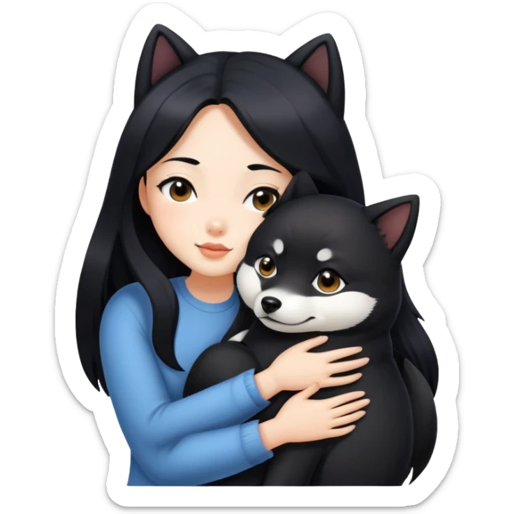 A beautiful girl with long black hair hugs a black Shiba Inu sticker