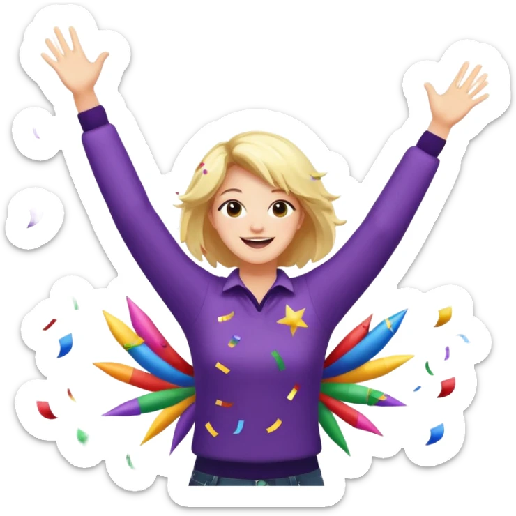 persona feliz con los brazos hacia arriba saltando y explosivos detras y confites volando sticker