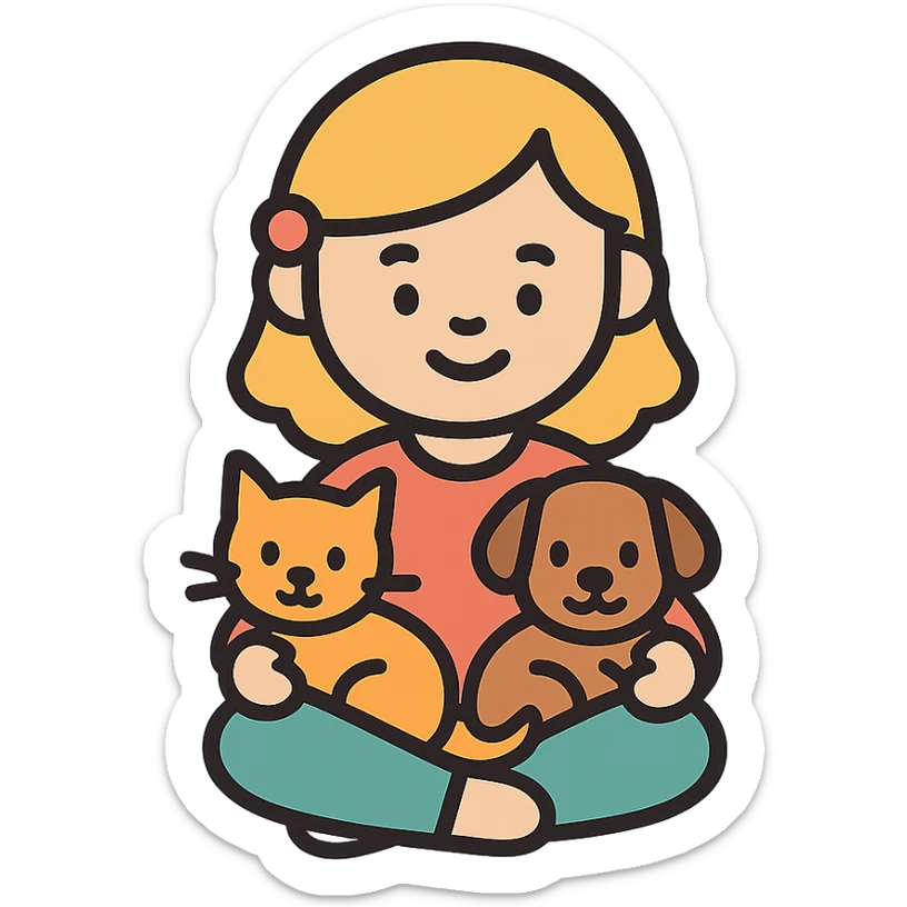 sweet little girl sitting with a cat and dog in her lap, icon style, minimalistic, gentle color palette, easy to recognize at small size sticker