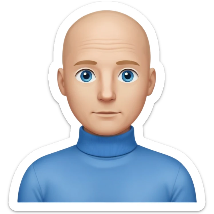bald man, face and neck, blue eyes, kind face, polo neck shirt in a business setting and IT background sticker