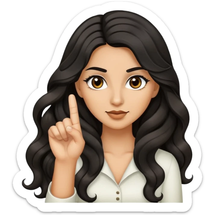 woman with olive skin, brown eyes and long lashes, and long black wavy hair giving the finger  sticker
