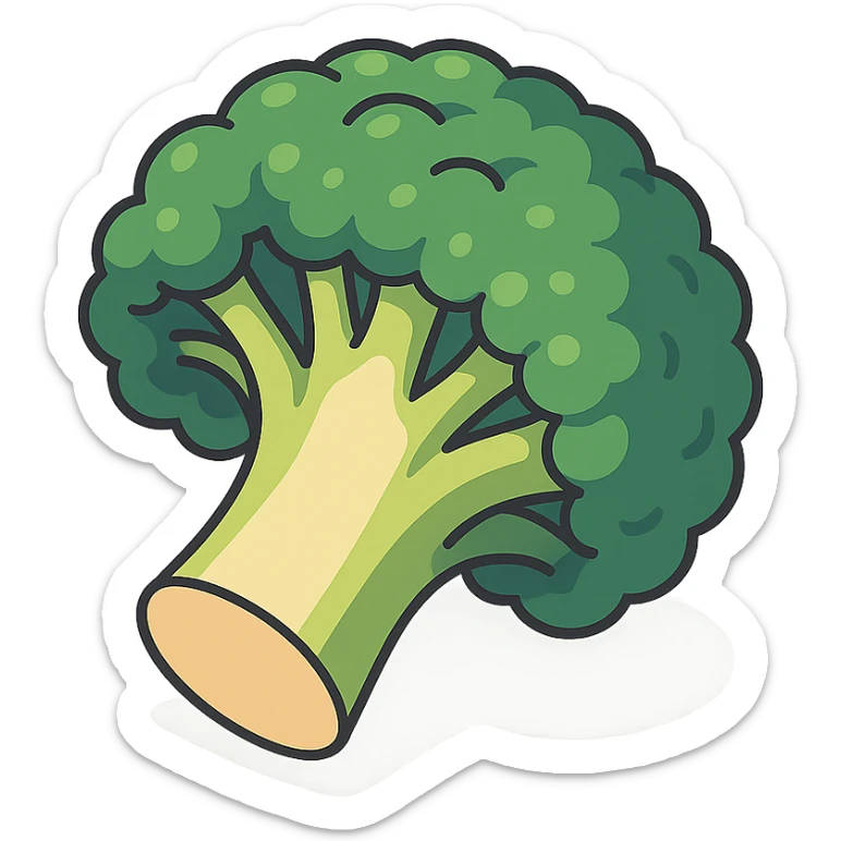 Show the broccoli floret cut in half, rotated to face more toward the viewer, making the cut surface clearly visible, in 2D isometric illustration style, with no background. sticker