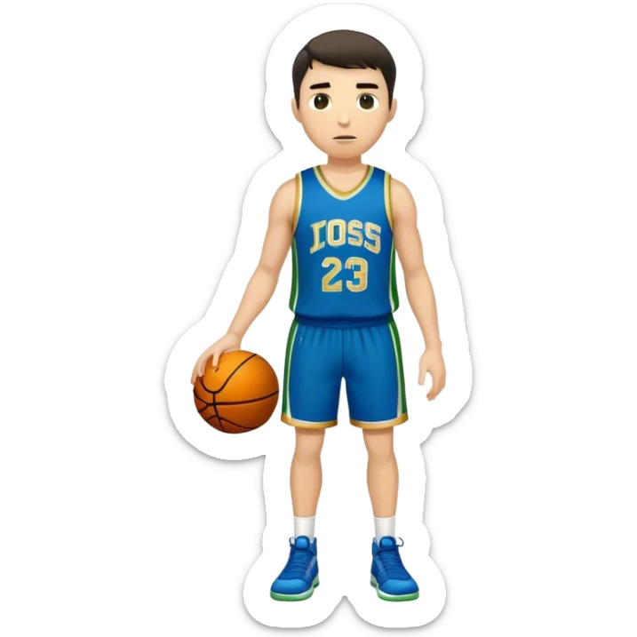 Full Body  white male basketball player with short dark hair and gold tee wearing blue and green uniform sticker
