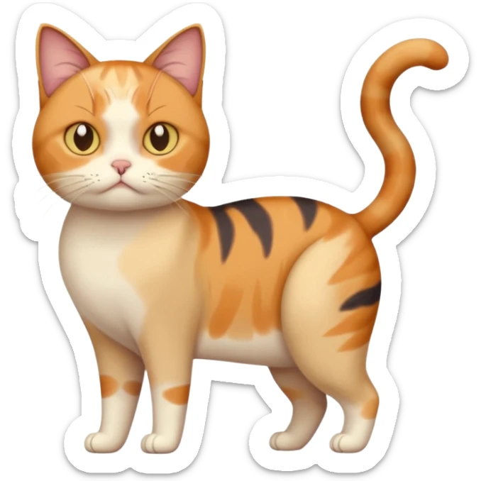 full body calico cat with skinny head and fat body with an anxious face sticker