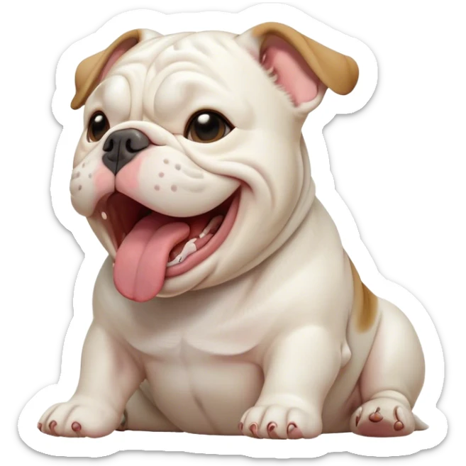 Cinematic Cute Yawning White English Bulldog Portrait Emoji, Head tilted slightly with a dramatic, wide-open yawn, showcasing a smooth, pristine white coat, floppy ears slightly drooping, round brown eyes barely open in drowsy contentment, Simplified yet irresistibly adorable features, highly detailed, glowing with a soft, cozy glow, high shine, relaxed yet expressive, stylized with a touch of whimsy, bright and endearing, soft glowing outline, capturing the essence of a sleepy yet affectionate guardian, so drowsy it feels like it could stretch out of the screen and curl up for a nap! sticker