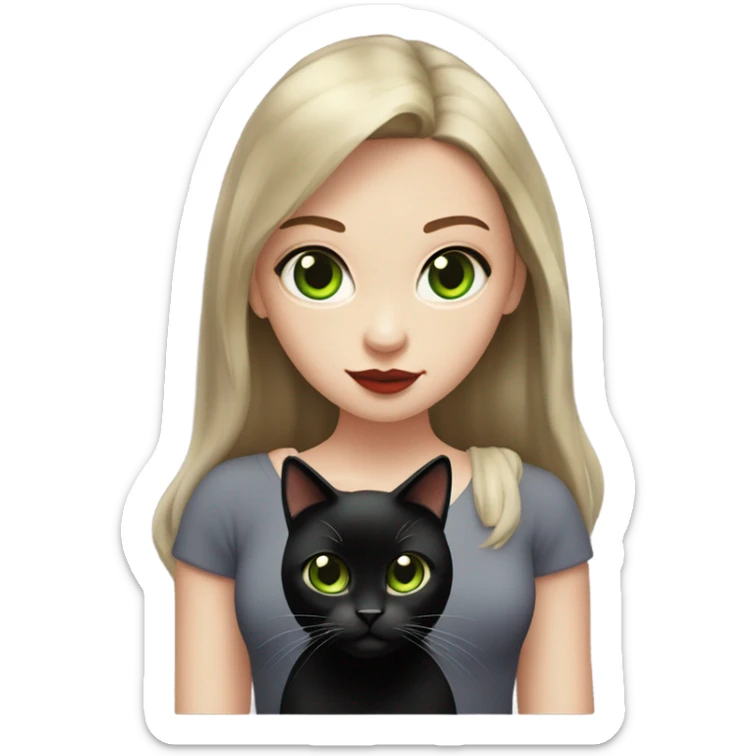 A teenage girl with white skin, she have some green hazel eyes, red lipstick, mid long straight dark brown hair, she have an eyeliner and she is holding a black cat in her arms, view from close sticker