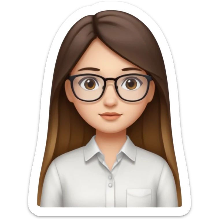 Chica de piel blanca con cabello liso largo con balayage, ojos cafe obcuro con lentes cuadrados, gordita, camisa e vestir blanca sticker