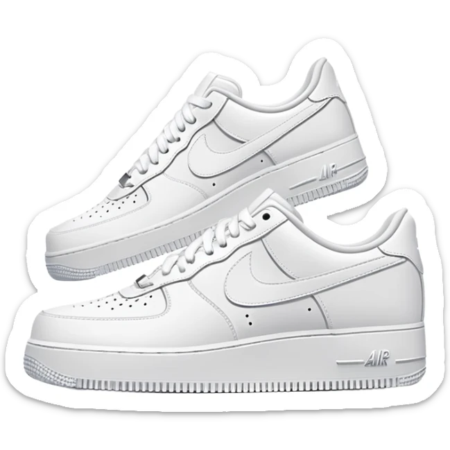A pair of all-white Nike Air Force 1 sneakers positioned with one behind the other, clean white leather, classic AF1 silhouette, chunky sole sticker