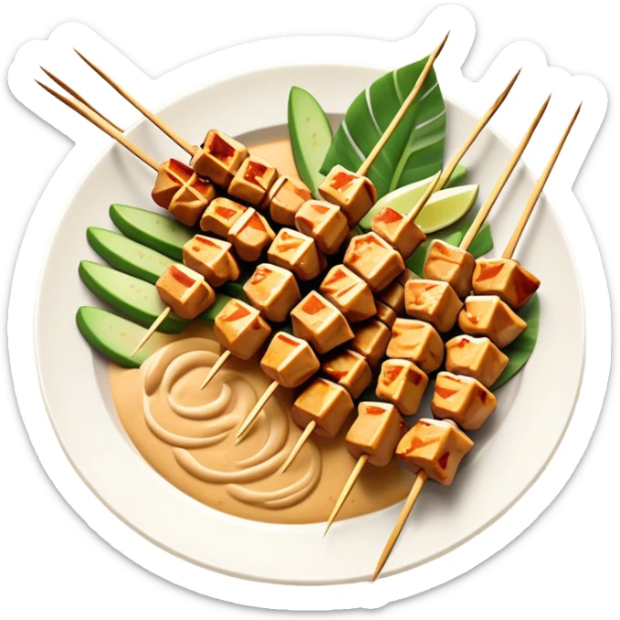 Cinematic Realistic Indonesian Chicken Satay Dish Emoji, depicted as succulent, marinated chicken skewers grilled to perfection with a subtle char, drizzled generously with a rich, creamy peanut sauce that glistens under warm, natural lighting. The vibrant textures of the tender meat and smooth, spicy sauce evoke the authentic flavors of Indonesian street food, rendered with lifelike detail and dynamic, appetizing lighting. sticker