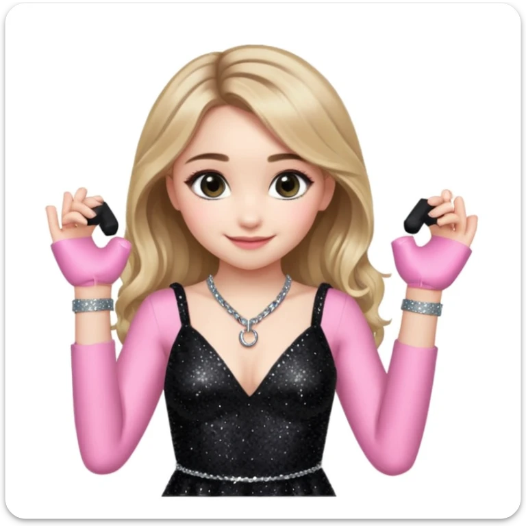 Sabrina carpenter at concert wearing a black sparkly dress with a silver sparkle v neck she is holding up pink handcuffs towards audience and kneeling, blue and red lights setting  sticker