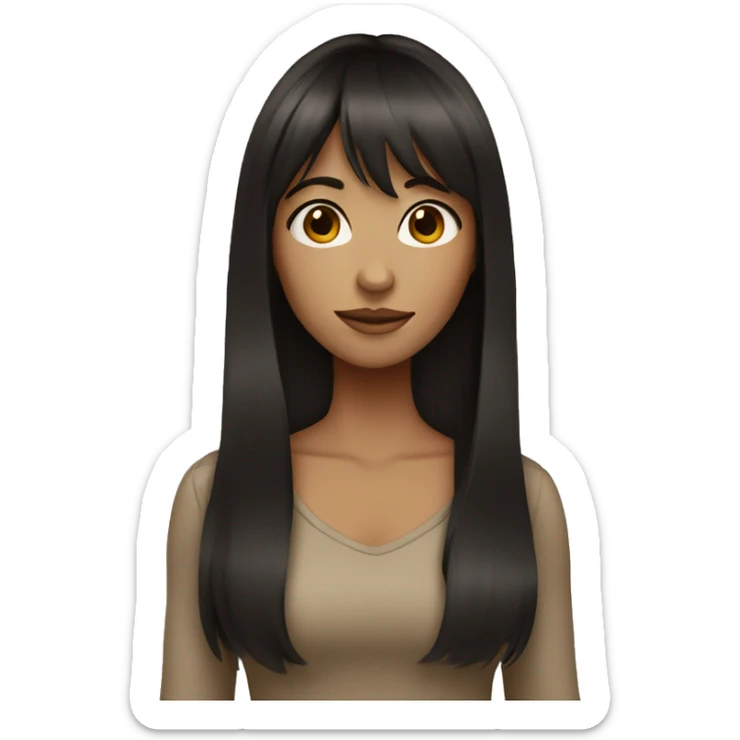 female with long hair and bangs dark brown almost black hair with tan skin sticker