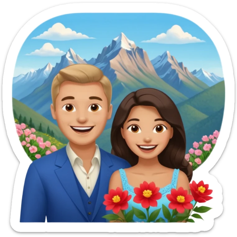 Couple  laughing traveling russian man and elegant  Latina girl delicate flowers and mountains in the background  sticker