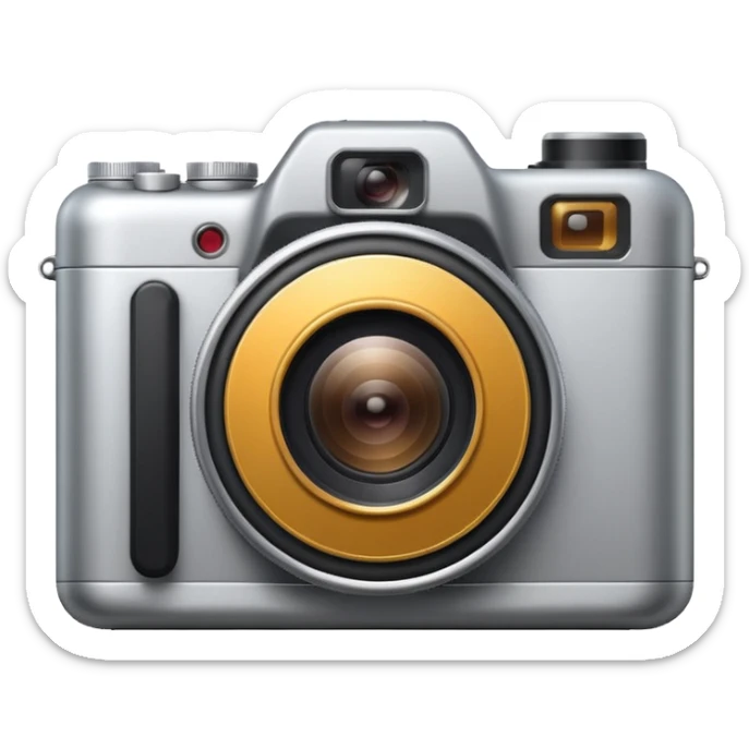 Minimal emoji icon of a modern metalic camera, front view, simple shapes, realistic lens,  sticker
