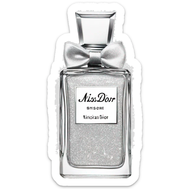 Miss Dior perfume with Victoria secret logo in a white bottle but light grey glitter  sticker