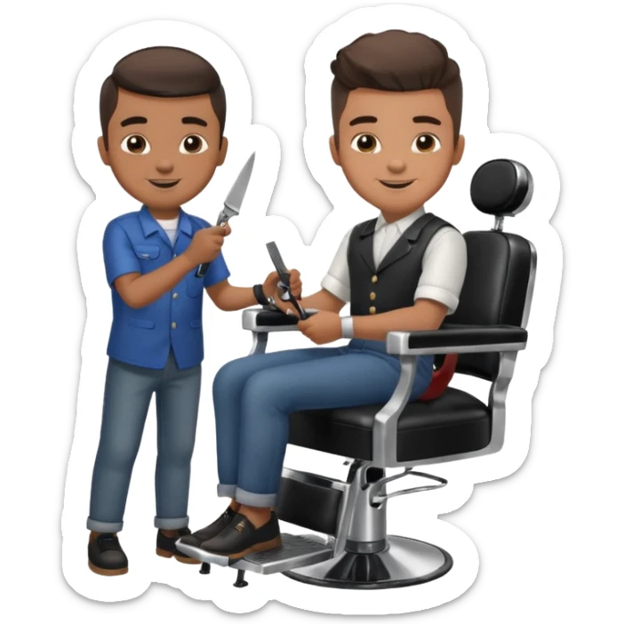 Barber cutting boys hair. Show the boy sat in black barber chair and both having smiles on their faces sticker