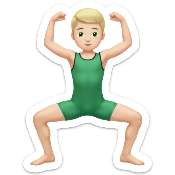 Little boy in a green sleeveless u-neck legless leotard flexing his arms and bending his knees sticker
