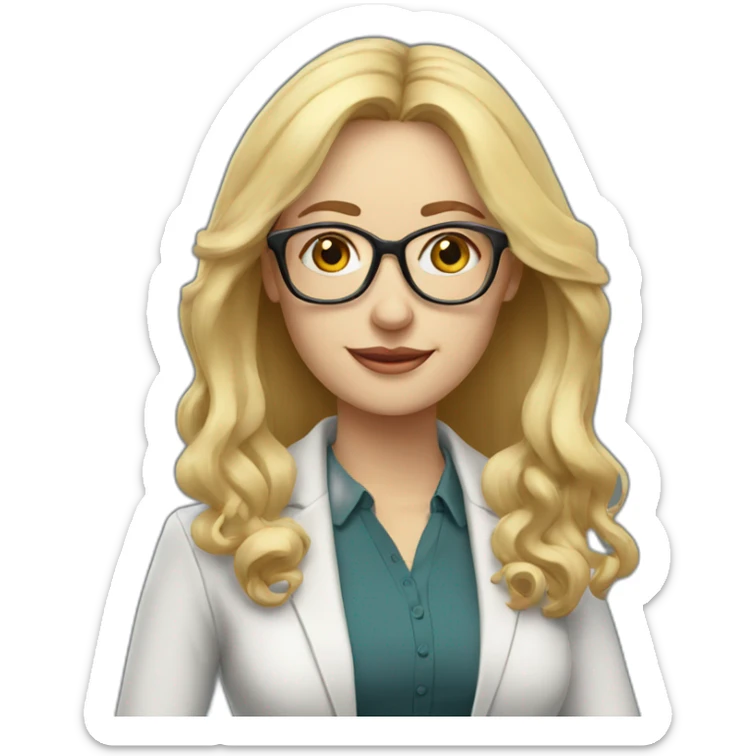 Woman teacher blonde long hair glasses wuth book sticker