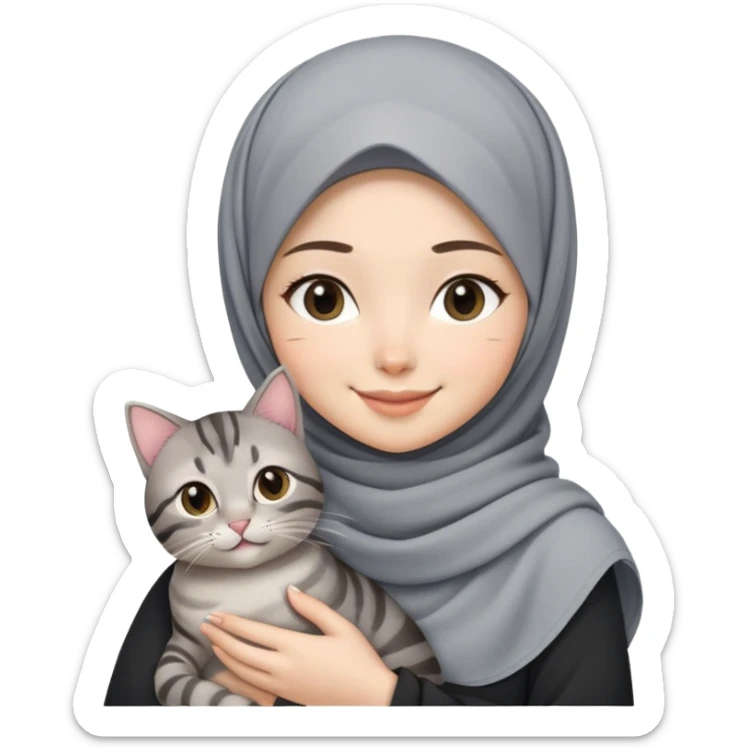 Asian White girl wearing pretty hijab holding a black grey tabby cat while smiling sticker