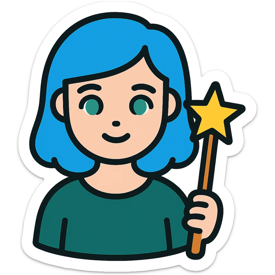 beautiful girl with blue hair and green eyes, holding a magic wand, wearing a dark green dress, color icon style sticker