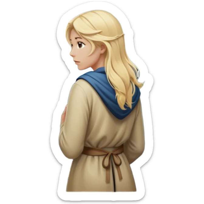 - the back of a blonde woman stands at a mountain crossroads, her back turned as she contemplates two trails—one illuminated,, and one shrouded in darkness, representing reaction. with hands on chest sticker