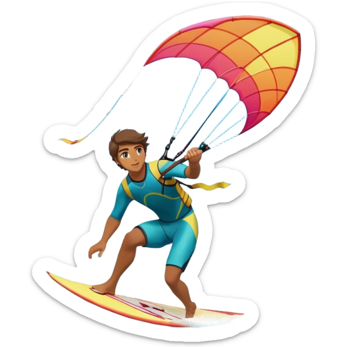 A professional kite surfer riding the waves, holding the kite in front of them as the wind fills the sail, propelling them across the water. The backdrop features a stunning landscape with a vibrant sky, crashing waves, and a sense of motion and adventure. sticker