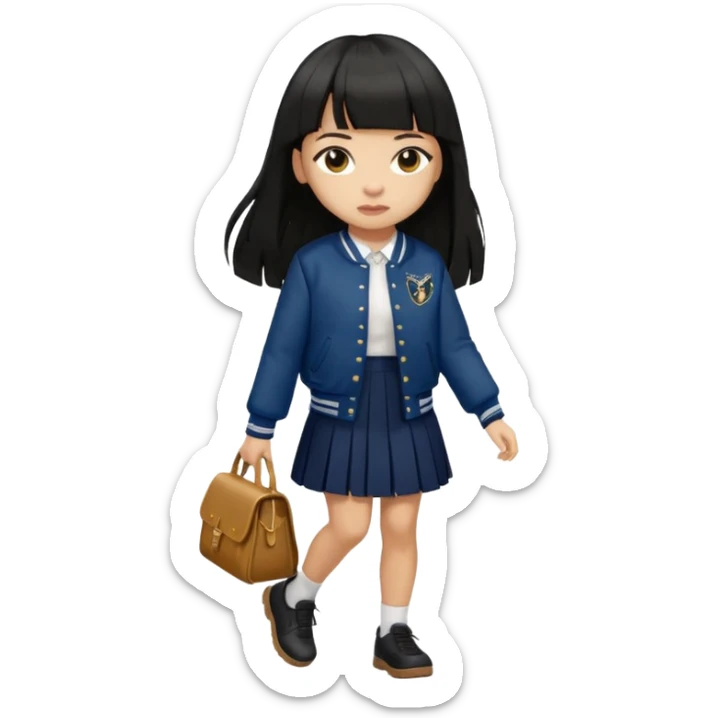 hair : black long hair with fringe 
skin : light 
cloth : deep brown varsity jacket + navy long long school girl skirt 
motion : walking 


 sticker