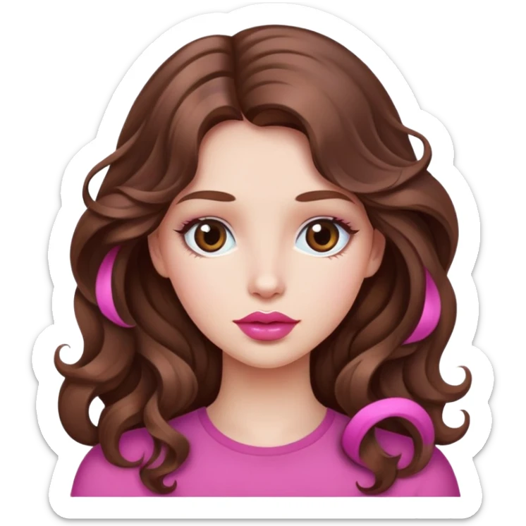 Can you generate a beautiful girl with a little bit pink and big lips,Wavy long brown hair  sticker