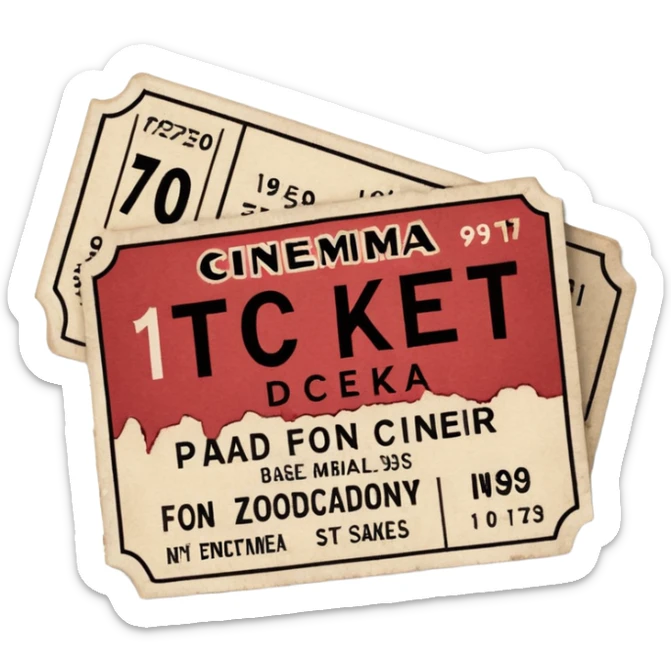 Minimalist emoji-style sticker of an old torn cinema ticket, with faded text “1 билет”, blood-stained edges and burn holes, grayscale paper

 sticker