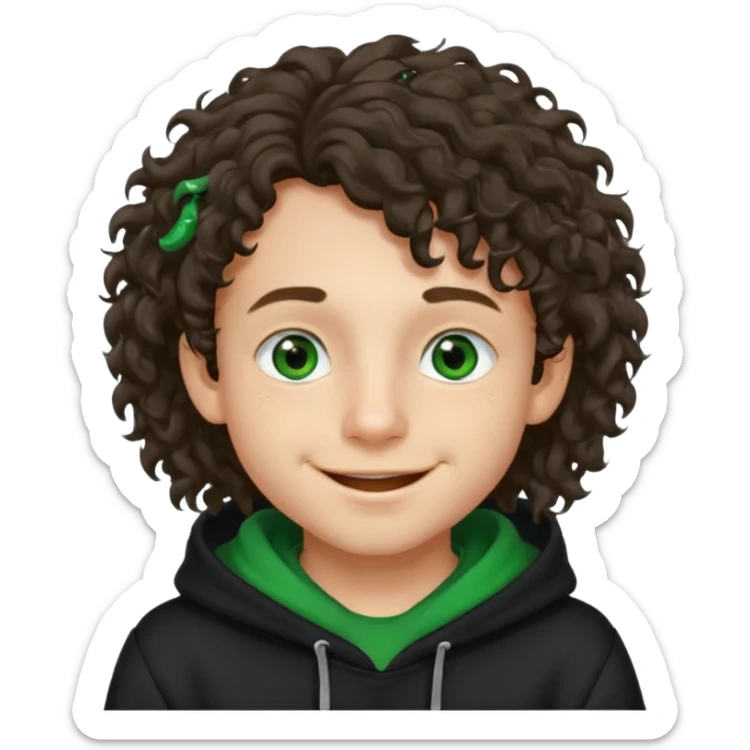 boy with long curly hair and a mole next to his mouth with green eyes black hoodie smiling sticker