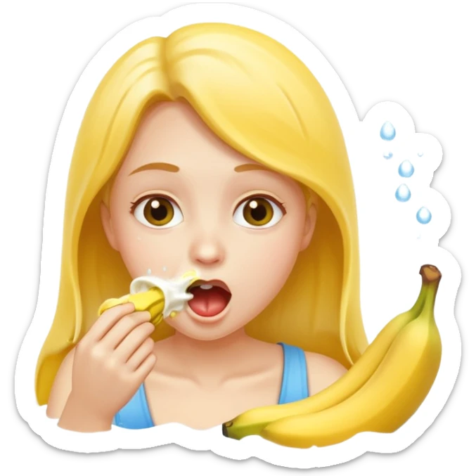 a girl rinsing mouth with pale yellow water coming out from a banana sticker