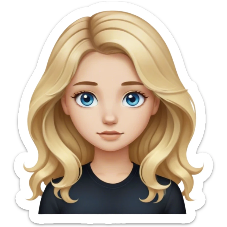 blonde polish girl, long wavy brown to blonde ombré hair in a middle part, long eyelashes, blue eyes, black shirt  sticker