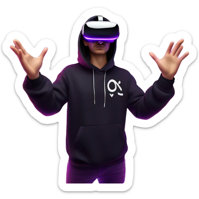 Russian man wearing a black hoodie with "OMG" letters on it and VR headset oculus quest 2 in a cyberpunk VR environment with violet neon lighting. Showing direction with hand sticker