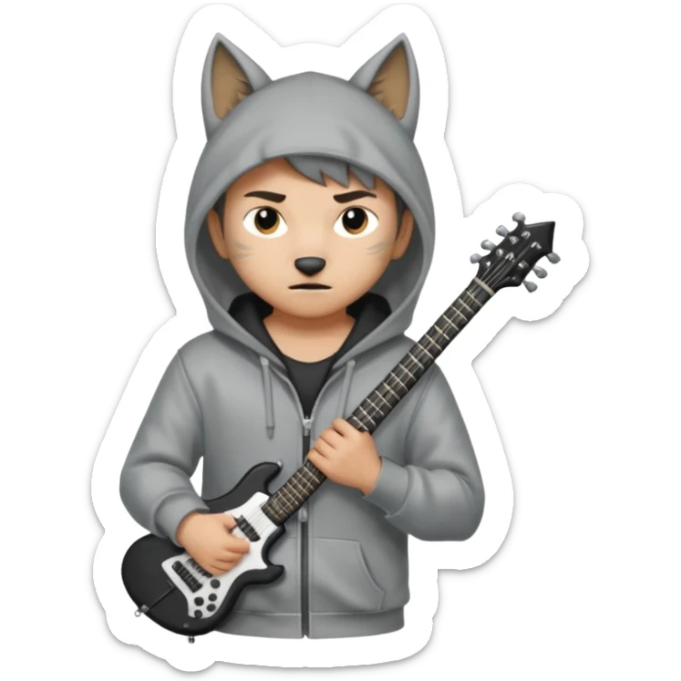 Wolf Cut boy wearing hoodie with a katana on his back and a guitar behind him sticker
