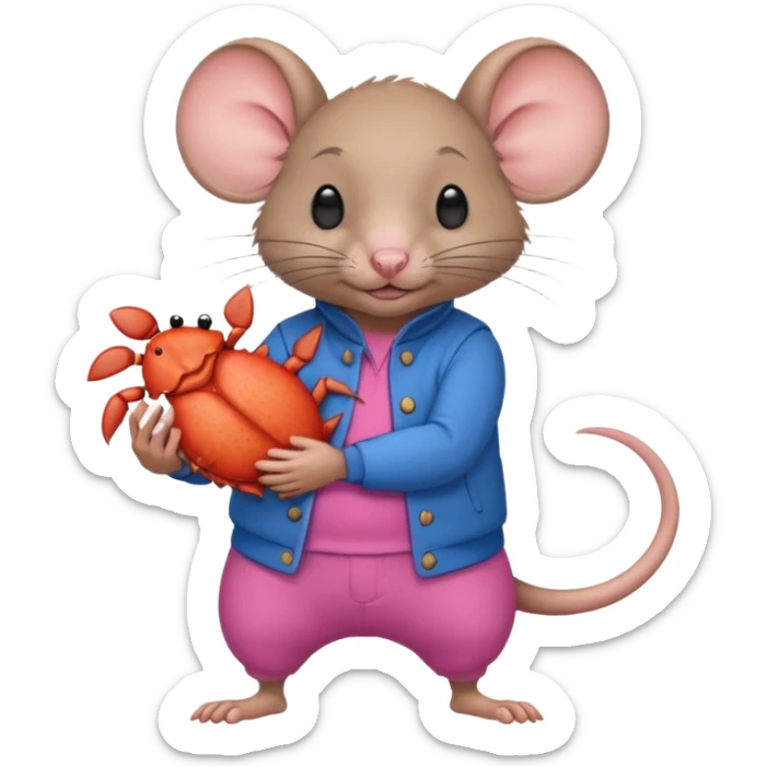 A male rat wearing blue and carrying in his arms a female rat wearing pink with a crab chasing them sticker