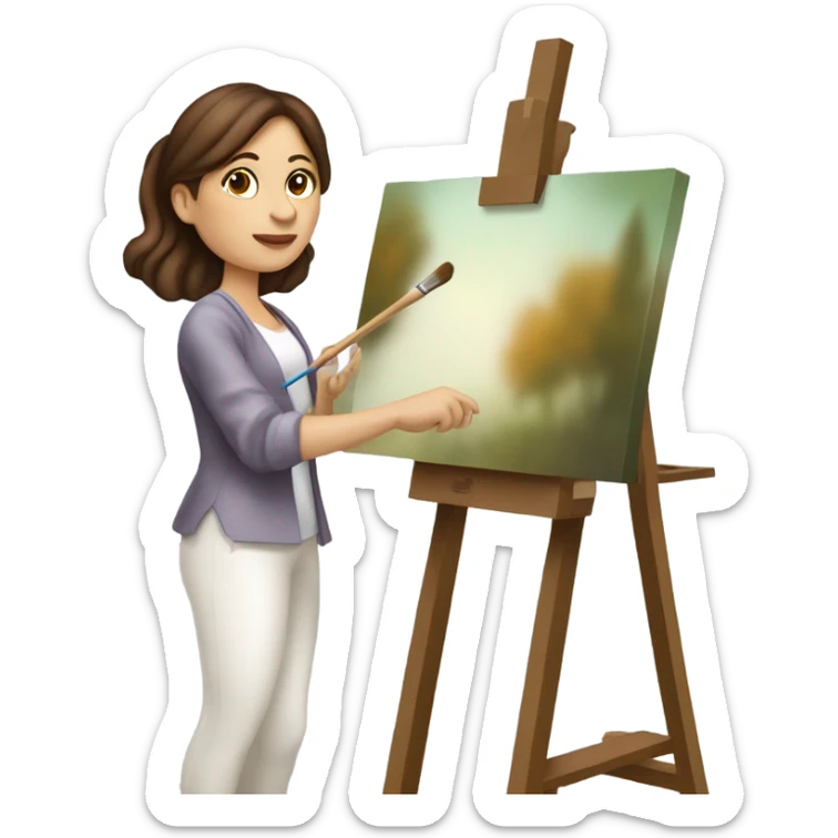 A female Caucasian brown haired artist, painting at an easel with Canvas on the easel sticker