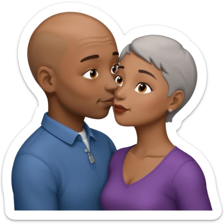 Brown bald man kissing brown woman with short grey hair sticker
