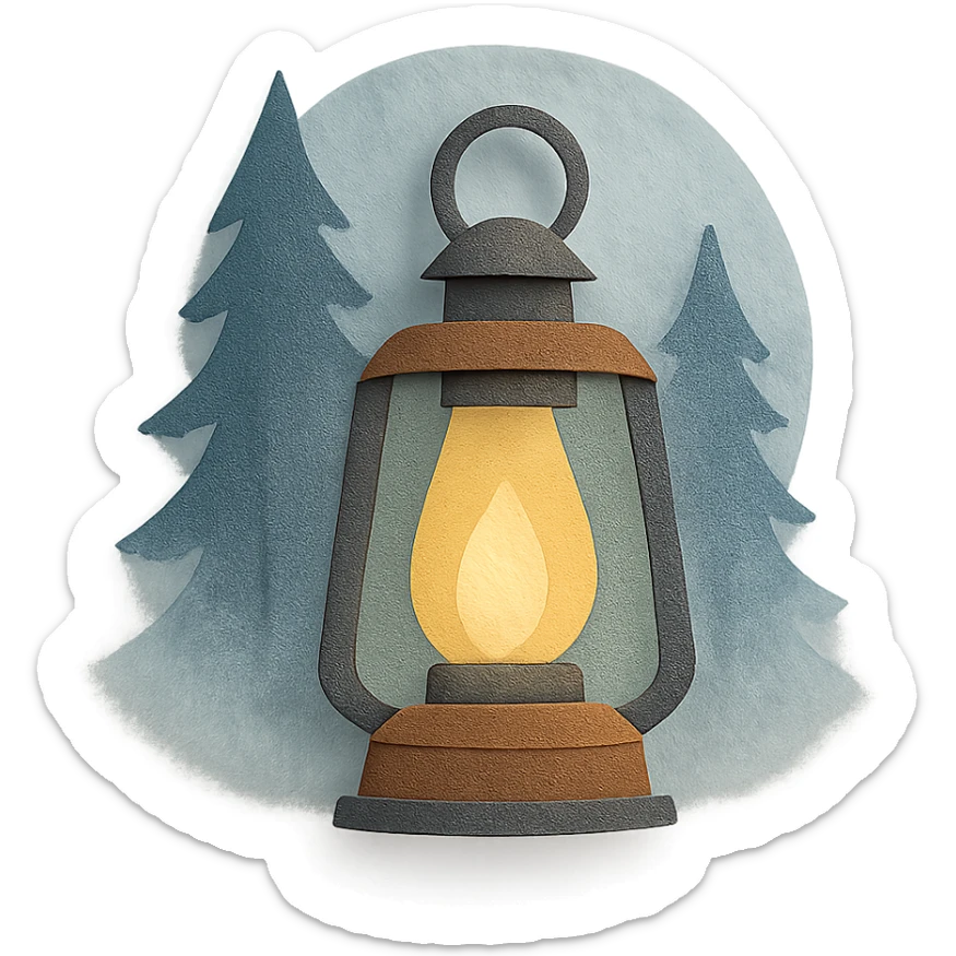 a lantern glowing softly in the misty woods, calm and dreamy feel, paper craft style sticker
