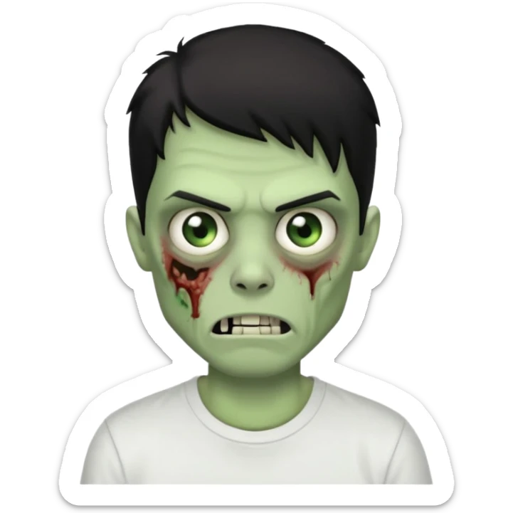 Rosto de frente classico de zombie boca meio torta cabelos medios pretos low fade com pele verde clara camiseta branca sticker
