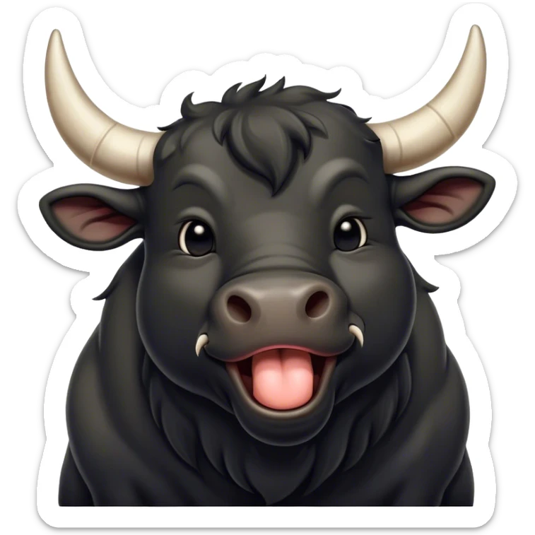Cinematic Cute Yawning Black Bull Portrait Emoji, Head tilted slightly with a dramatic, wide-open yawn, showcasing a smooth, pure black hide with a subtle texture, floppy ears slightly drooping, round dark eyes barely open in drowsy contentment, Simplified yet irresistibly adorable features, highly detailed, glowing with a soft, cozy glow, high shine, relaxed yet expressive, stylized with a touch of rugged whimsy, bright and endearing, soft glowing outline, capturing the essence of a sleepy yet affectionate guardian, so drowsy it feels like it could charge right out of the screen and curl up for a nap! sticker