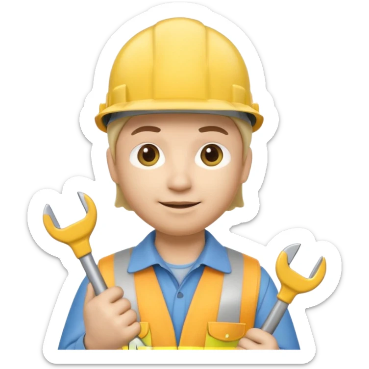 Apple Memoji-style 3D emoji of an engineer wearing a yellow hardhat holding a wrench, soft shading, rounded shapes, no background.
 sticker