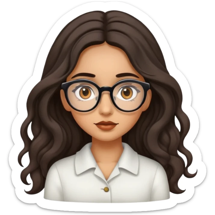 Girl with olive skin, brown eyes with long eyelashes and dark wavy long hair and large eyeglasses on top of head sticker